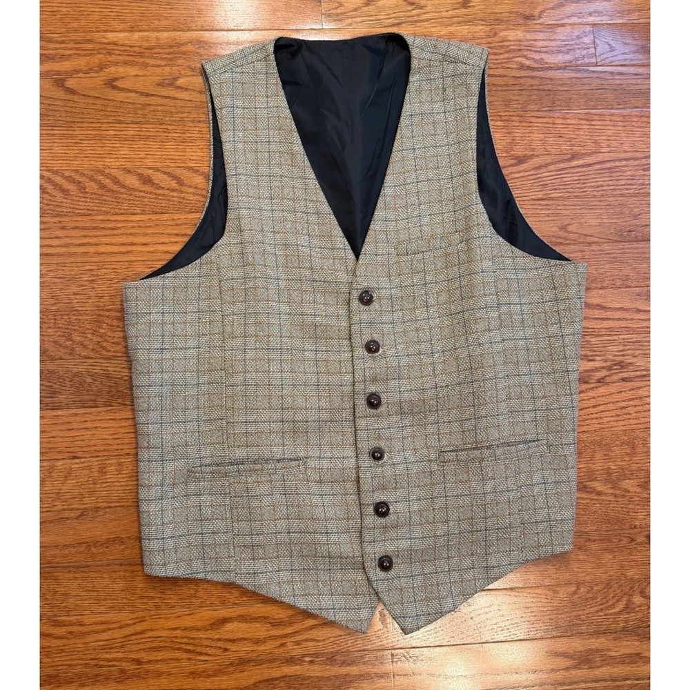 Voboom Waistcoat Vest Mens XL Tan Brown Blue Tweed Style Adjustable Cinch